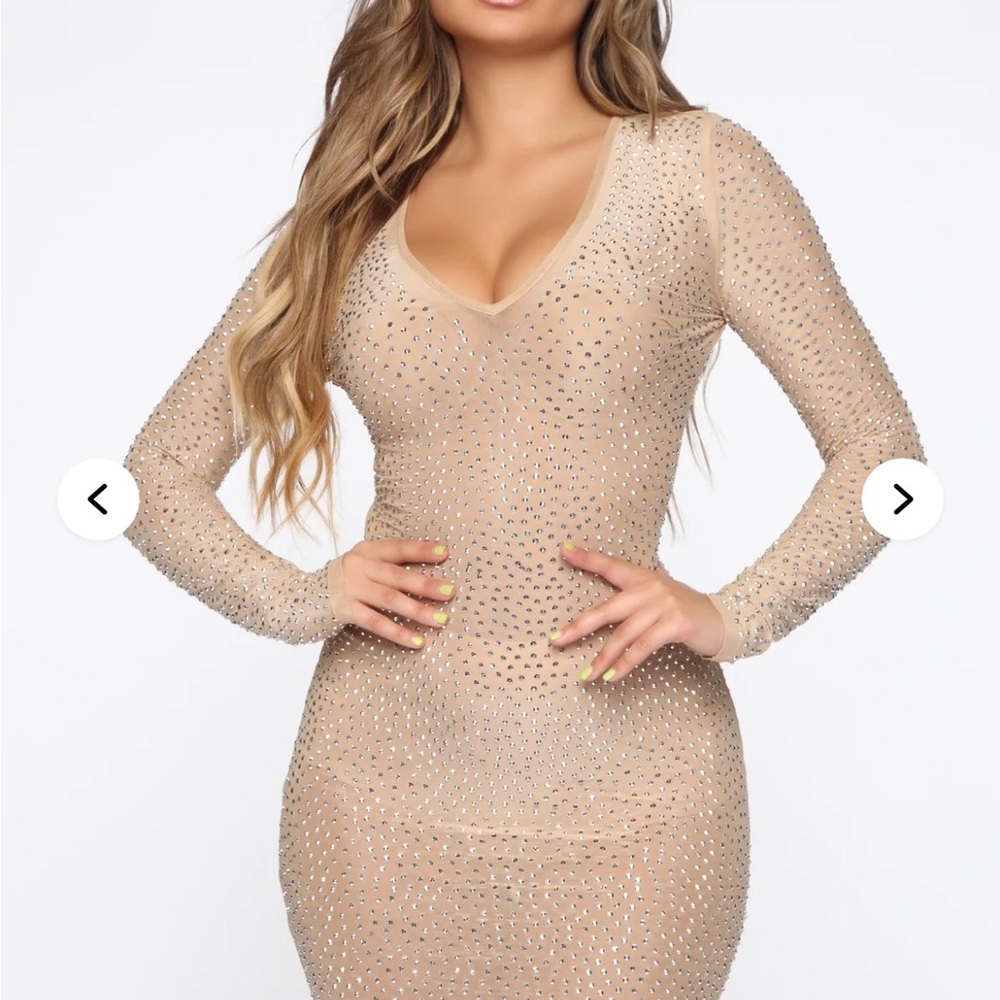 Fashion Nova Sparkling Nude Long Sleeve Dress